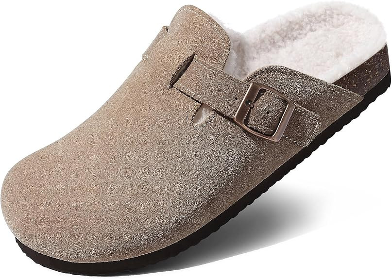 KIDMI Women's Fur Lined Suede Clogs Fuzzy Cork Footbed Mules Slip On Winter Potato Shoes | Amazon (US)