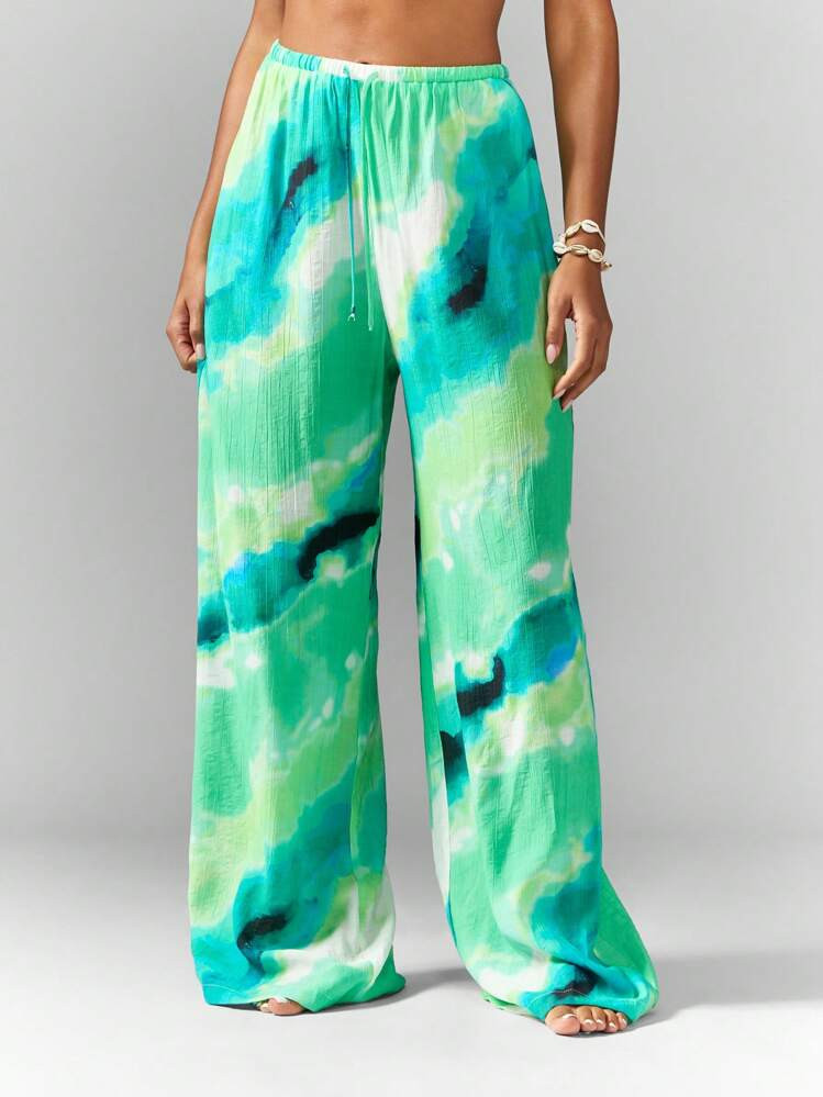 MISSGUIDED Relaxed Fit Resort Watercolor Print Wide Leg Palazzo Pants Beach Cover Up Summer Holiday Pool Party Lounge Wear Flowy Statement Bottoms | SHEIN