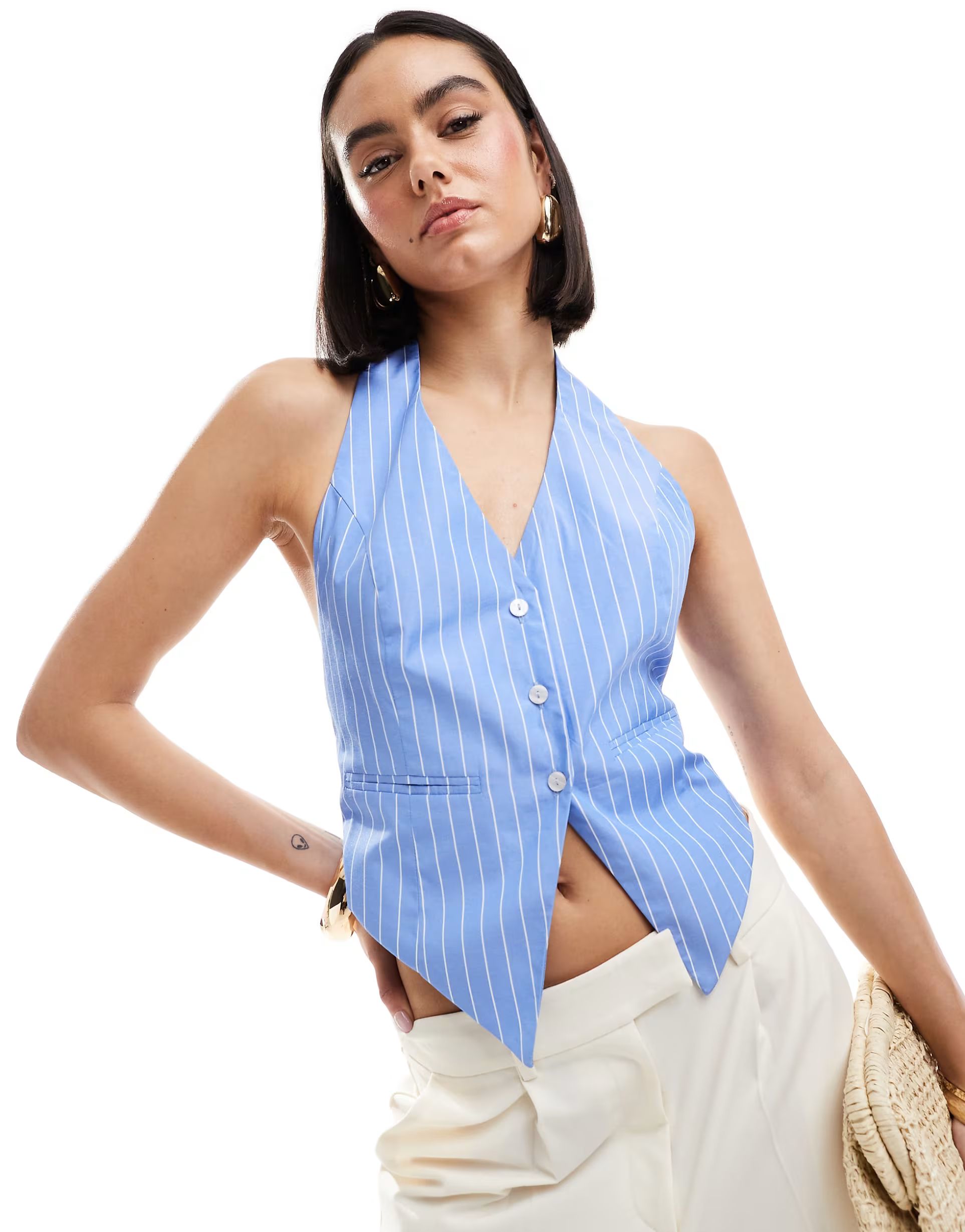 Stradivarius halterneck pinstripe vest in blue | ASOS (Global)