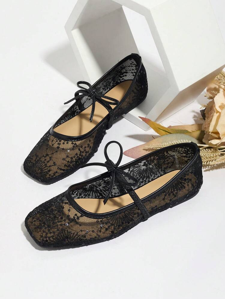 White Women's Flat Ballet Shoes With Bow Decor, Floral Embroidery, Breathable Mesh, Square Toe, G... | SHEIN