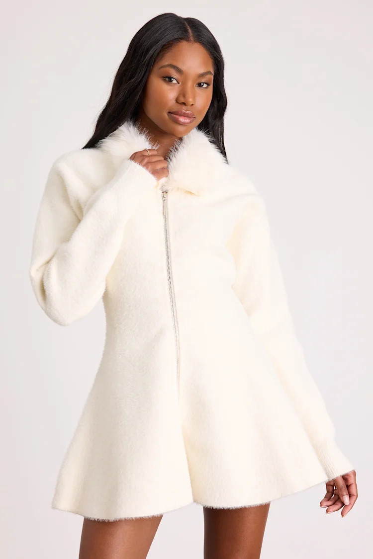 Violetta Ivory Collared Zip-Front Sweater Mini Dress | Lulus