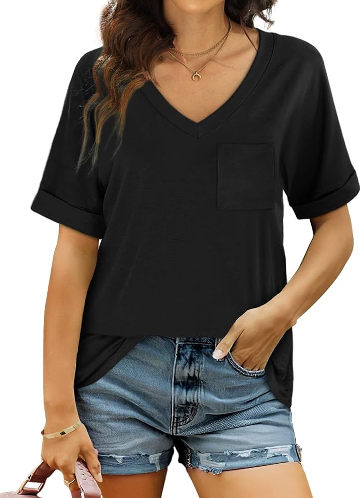 Bofell Womens V Neck Rolled Short Sleeve T Shirts Casual Summer Tops Tshirts with Pocket | Amazon (US)