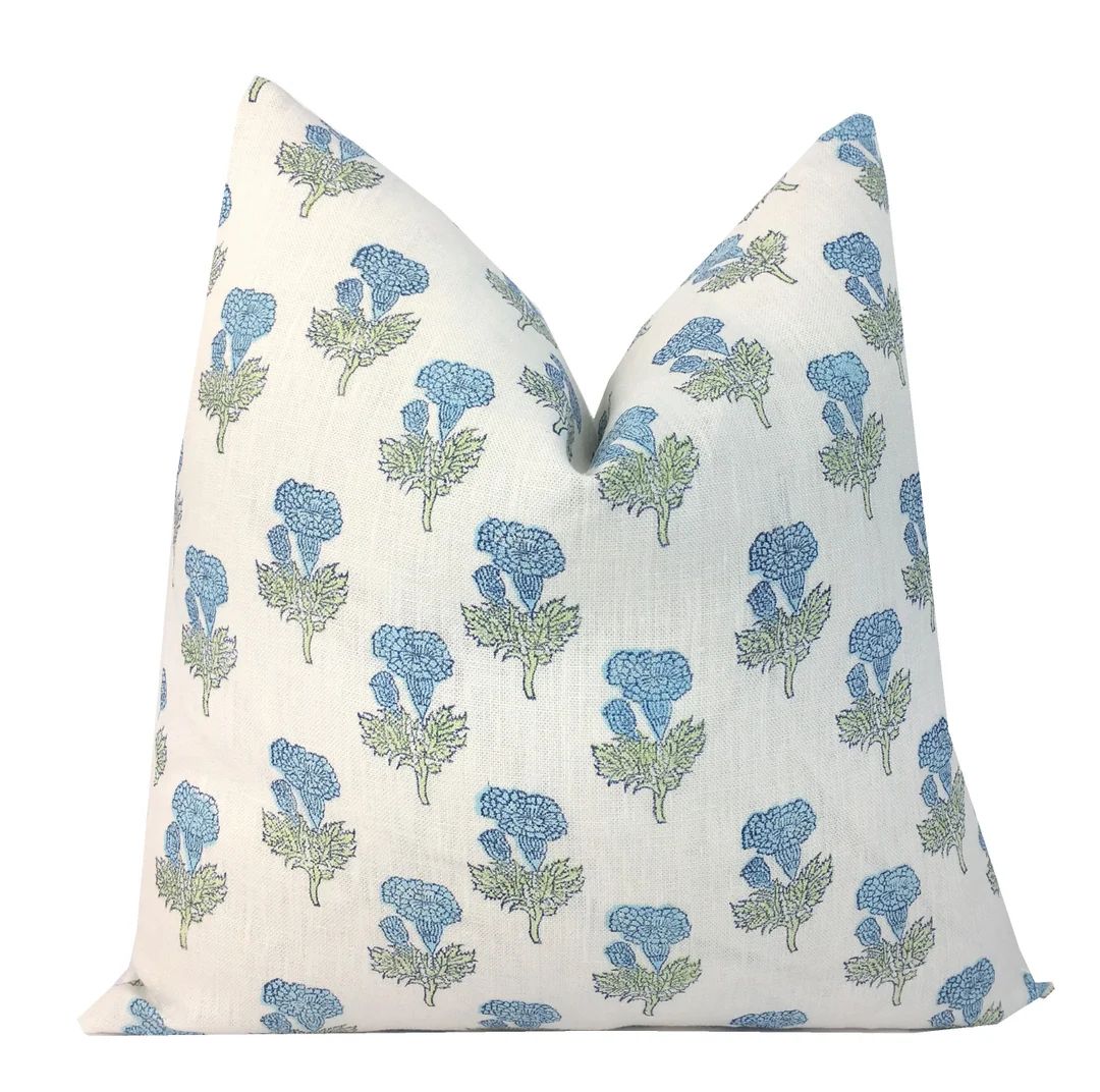 Samali Sky Blue and Green Floral Block Print Pillow Cover | Hand Block Print on Linen | Light Blu... | Etsy (US)