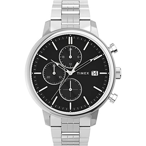 Timex Men's Chicago Chronograph 45mm Watch – Silver-Tone Case Black Dial with Stainless Steel Bracelet | Amazon (US)
