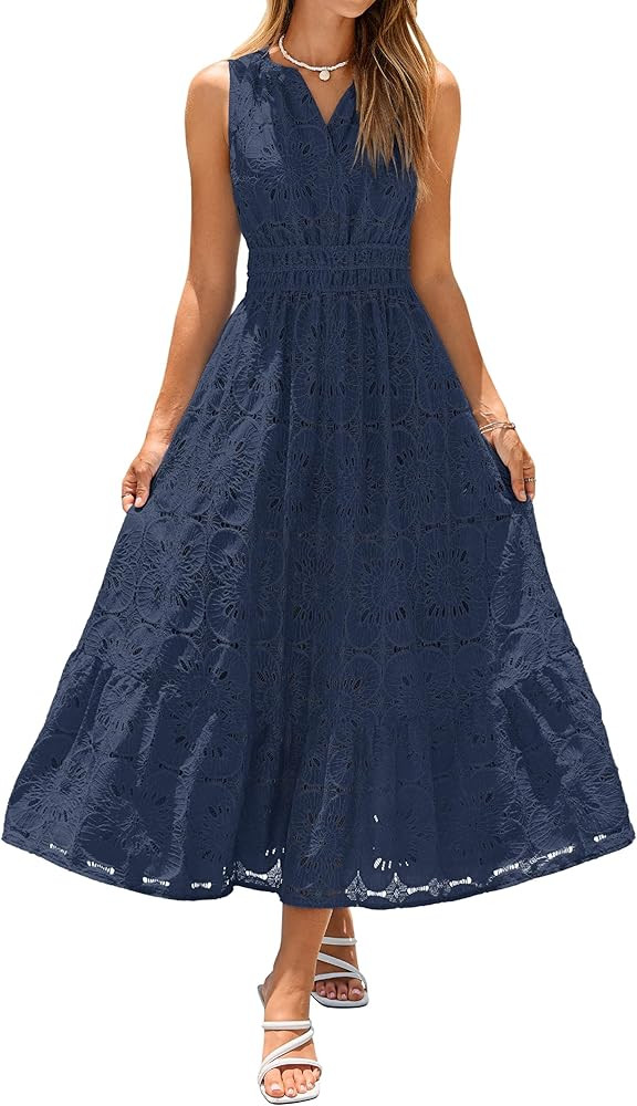 Simplee Women Summer Lace Eyelet Maxi Dress 2026 Sleeveless Casual V Neck A Line Boho Flowy Beach... | Amazon (US)