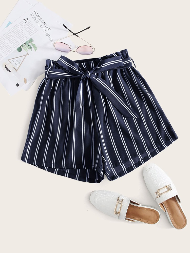 Vertical Stripe Belted Paperbag Shorts | SHEIN
