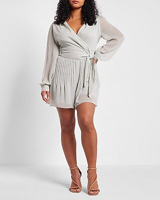 Long Sleeve Pleated Tie Waist Romper | Express