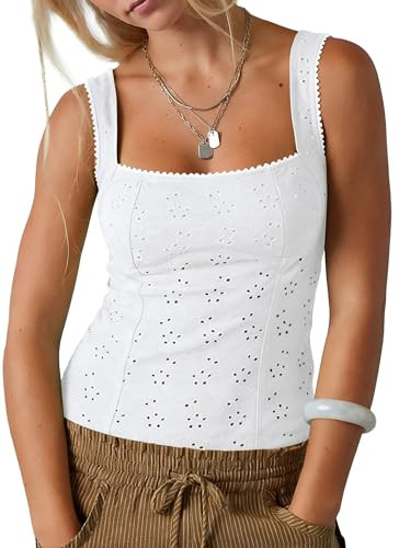 AGSEEM Open Back Eyelet Tank Top for Women Square Neck Y2K Slim Fit Backless Tops Picot Trim Cami... | Amazon (US)