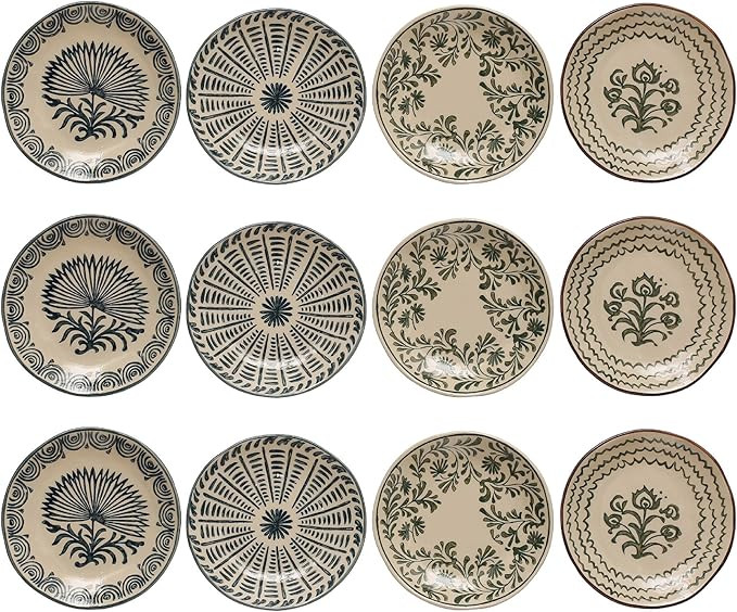 Creative Co-Op 6 Inches Round Stoneware Dinnerware Set with 4 Various Pattern Prints, Cream, Set ... | Amazon (US)