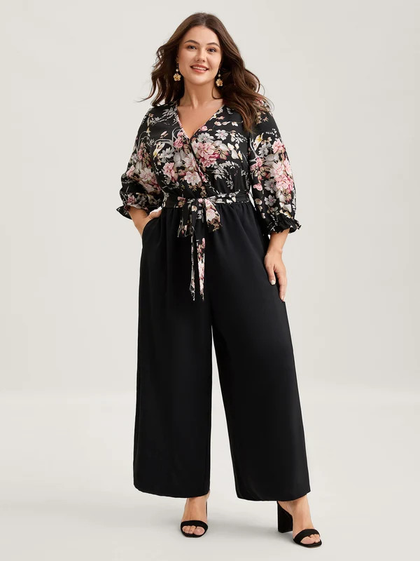Floral Contrast Belted Wide-Leg Jumpsuit | Bloomchic