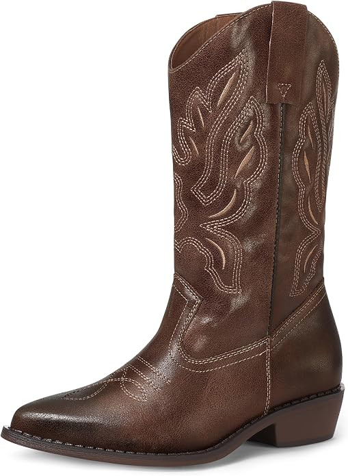 mysoft Cowboy Boots For Women - Western Cowgirl Boots Mid Calf Chunky Heel Booties Pointed Toe Co... | Amazon (US)