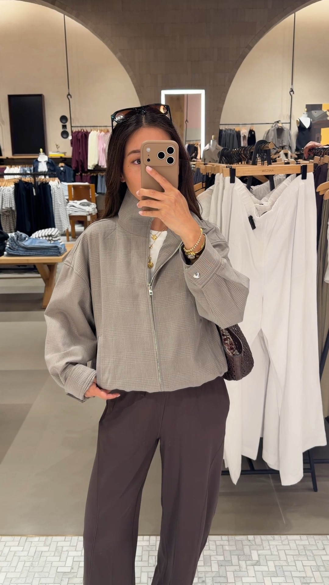 another neutral plaid colorway in my same jacket from the travel reel. this one is fully stocked! 
• Aritzia Tenet Jacket 2XS high quality, oversized fit on me with sleeve folded up
• lululemon relaxed cinch hem pants size 2 short 25" inseam 
• lulul cropped tee XXS 
• Reformation sandals 5.5 
• Madewell bag & sunglasses 

Easy mom outfit, transitional early fall outfit, petite friendly jackets, comfy loungewear pants

#LTKPetite #LTKSeasonal #LTKmomlife