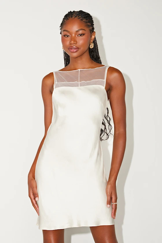 Ilhanna Ivory Satin Boat Neck Shift Mini Dress | Lulus