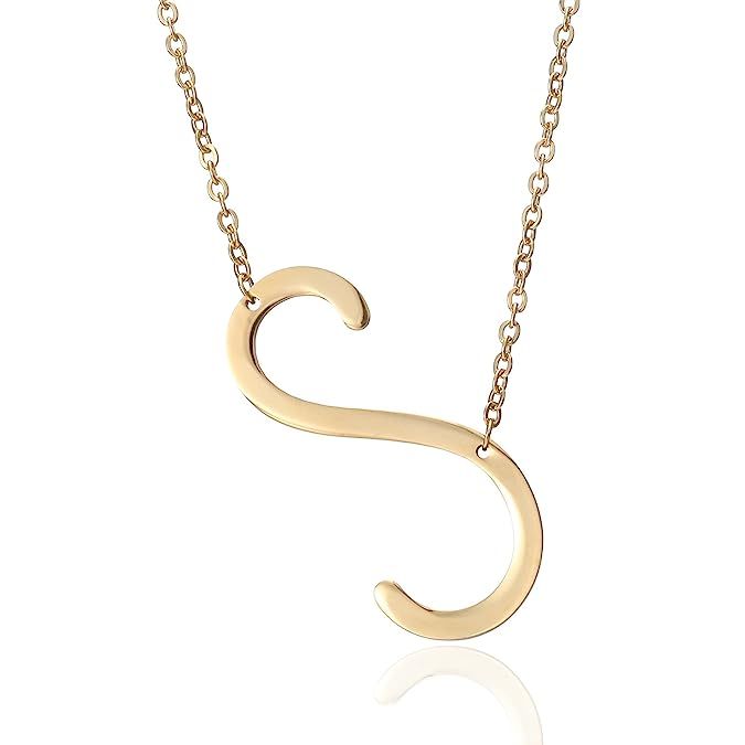 RINHOO Sideways Large Initial Necklace Gold Big Letter Script Name Stainless Steel Pendant Monogr... | Amazon (US)