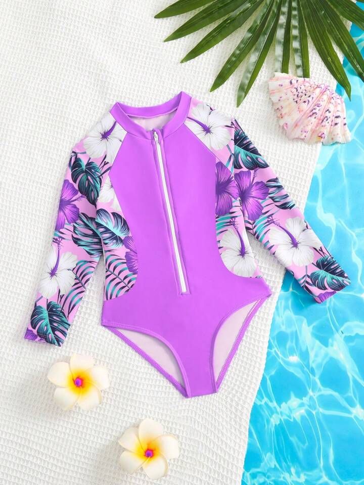 Young Girl One-Piece Tropical Plant Printed Rash Guard Swimsuit With Long Sleeves | SHEIN