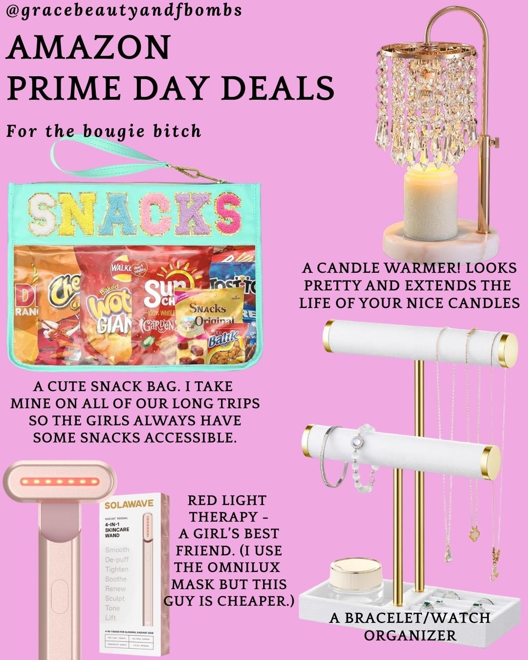 Amazon Prime Day Deals - ideas for the bougie bitch. The candle warmer is so pretty and extends the life of your more expensive candles. The watch/bracelet holder is a chic way to display all of your jewelry. The snack bag is more cutesty than bougie but I love mine. I take it on every long flight so the kids always have snacks they like on-hand. And lastly the the red light wand is great. If you are going to make the splurge though, I highly recommend the omnilux maks. (I'm linking it here too even though it's not on Amazon.) I use mine 4-5 times a week and it's a game changer for texture, pigment, and wrinkles. 
#amazonprimedaydeals #amazonprimedays #primedaydeals #beautydeals #snackbag #candlewarmer #braceletholder #redlighttherapy #omnilux

#LTKSaleAlert #LTKHome #LTKTravel