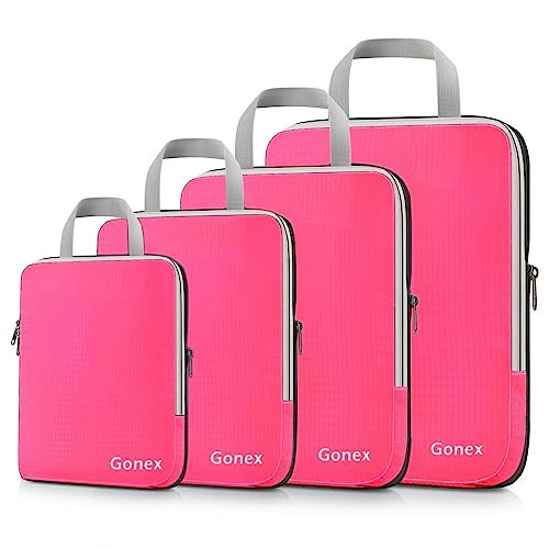 Gonex Compression Packing Cubes, 4pcs Expandable Storage Travel Luggage Bags Organizers (4 PCS Bright Pink) | Amazon (US)