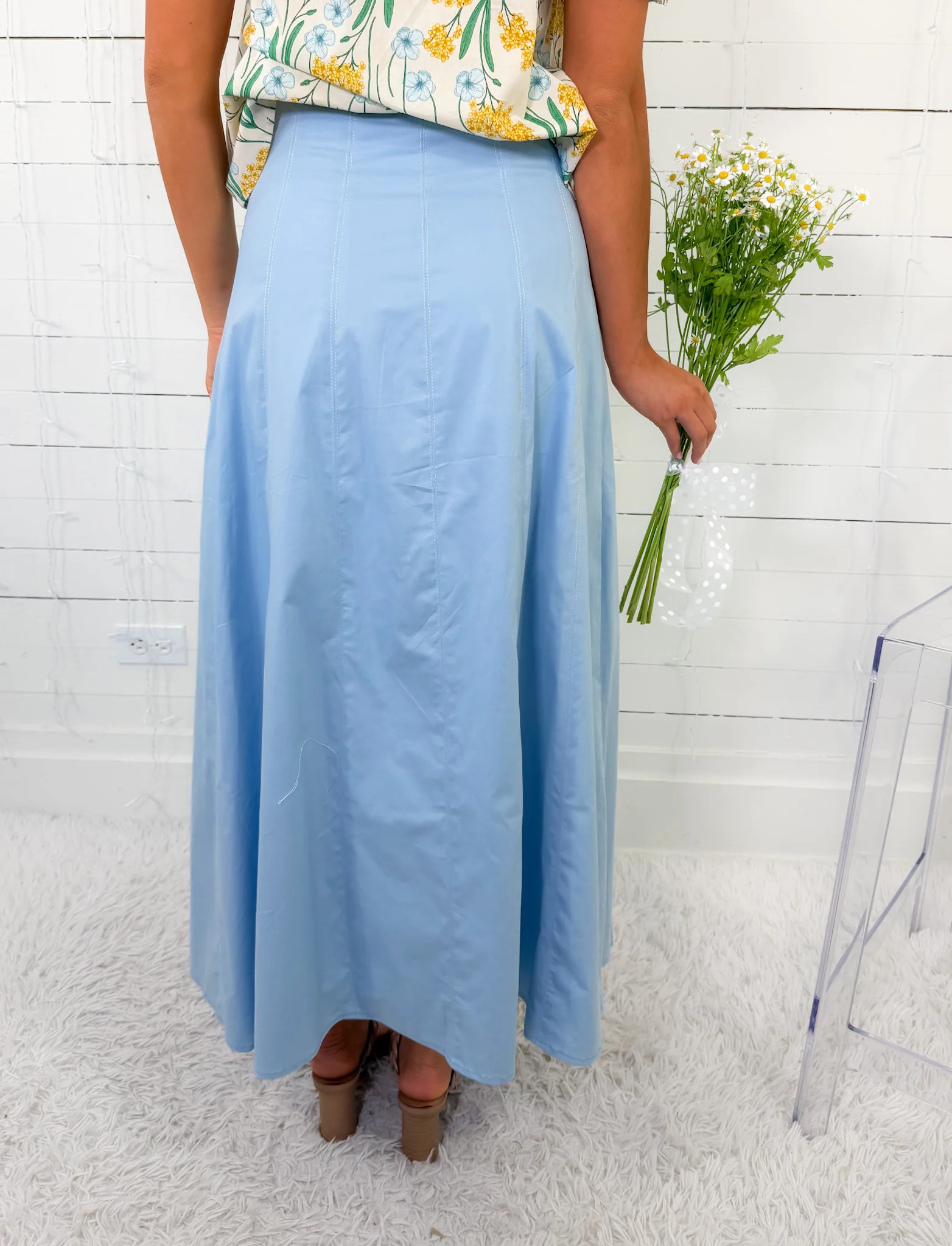 Glenn Baby Blue Contrast Topstitching Maxi Skirt TCEC | Clover and Bee | Clover + Bee