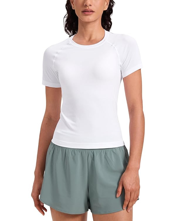 CRZ YOGA Seamless T-Shirt Waist Length | Training, Chafe-Free, Slim Fit, Raglan Sleeves, Mesh Ven... | Amazon (US)