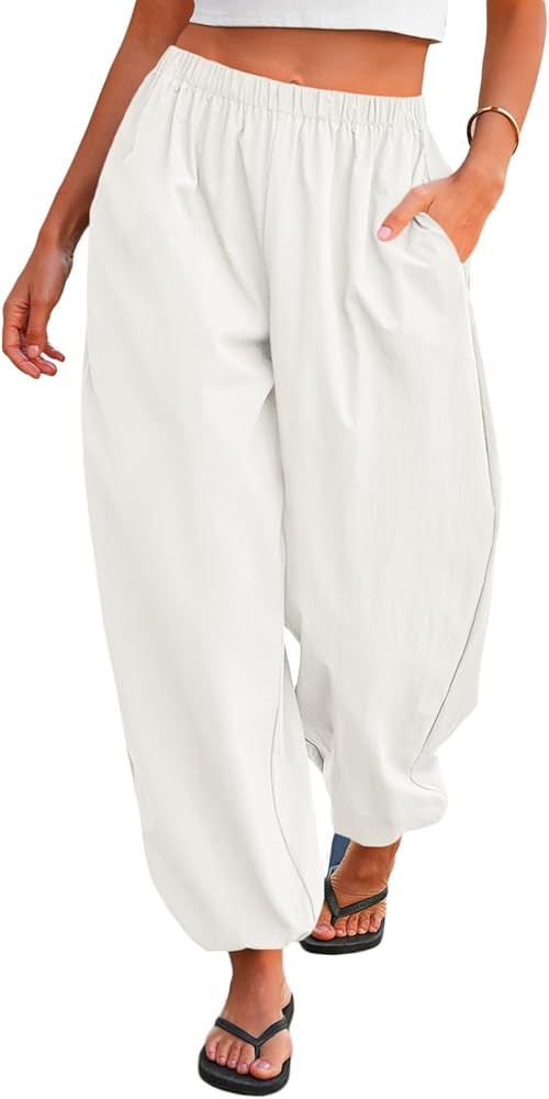 Tankaneo Womens Balloon Pants Trendy Casual Elastic Waist Wide Leg Harem Pants Baggy Pleated Lant... | Amazon (US)