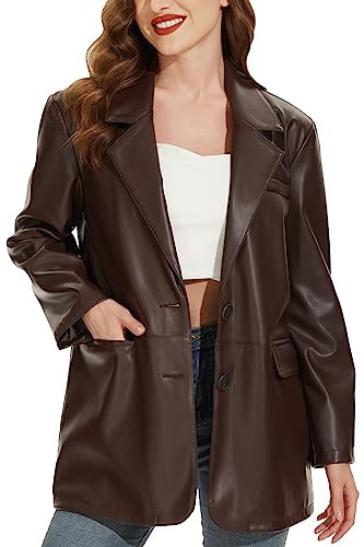 Fahsyee Women's Faux Leather Blazer - Women Motorcycle Vintage Moto Biker Coat Vegan Pleather Fashion Jackets Coffee L | Amazon (US)