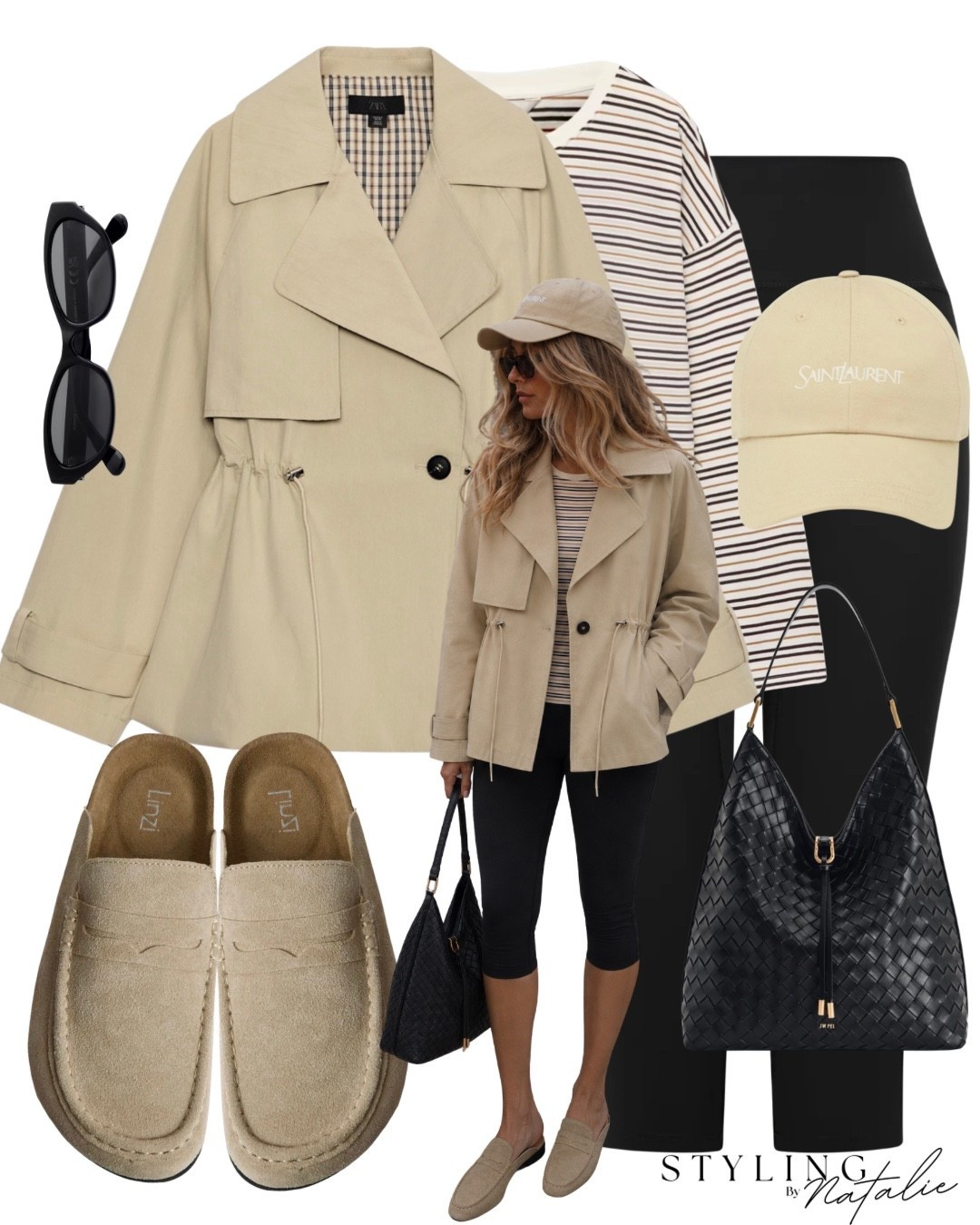 Double breasted drawstring waist trench coat, black capri leggings, suede backless mules, long sleeve stripe t-shirt, YSL baseball cap, black sunglasses and woven tote bag.
Casual style, comfy casual, everyday wear, street wear, Zara, jacket, loafers, cool girl, autumn outfit, fall look, transitional style @linzi

#LTKautumn #LTKeurope #LTKmidsize