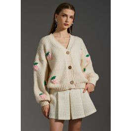 Stitch Strawberry Button Up Hand Knit Cardigan in Cream | Chicwish
