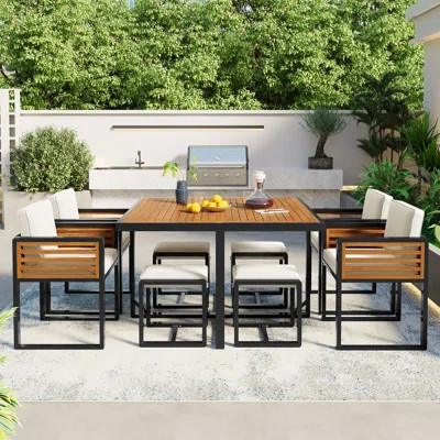 9-Pieces Acacia Wood Patio Dining Set, Space Saving Outdoor Patio Set, 4 Cushioned Chairs & 4 Ottomans & 1 Square Table, For Backyard, Garden, Deck An | Wayfair North America