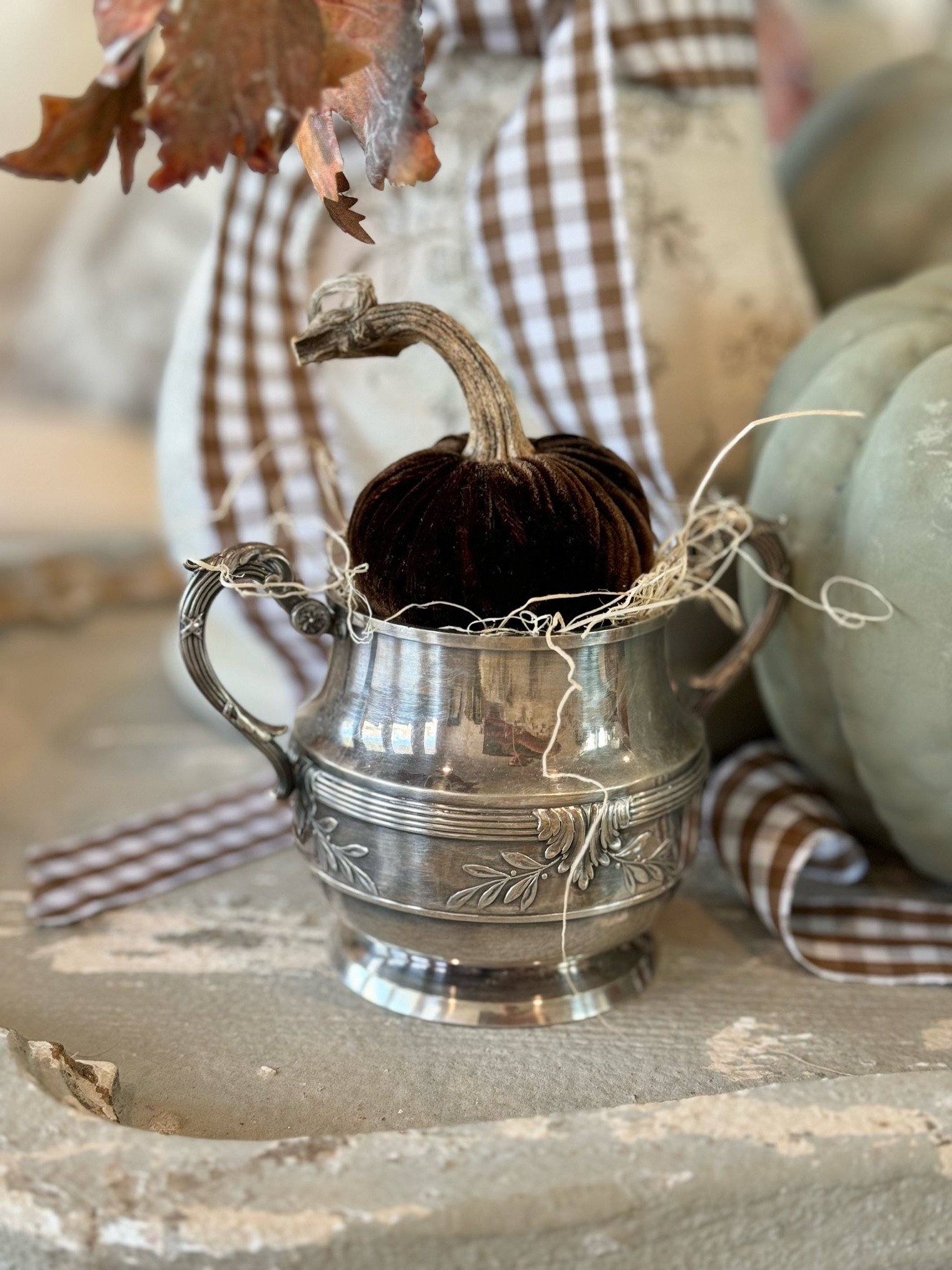 French Cottage Fall Vignette Inspiration! I love using my vintage silver sugar and creamer pieces like this during the fall season! Take your vintage silver, add a little moss or excelsior, then top it off with a little velvet pumpkin! You can place it on a stack of plates or under a cloche for a pretty fall vignette! 

#LTKSeasonal #LTKHome