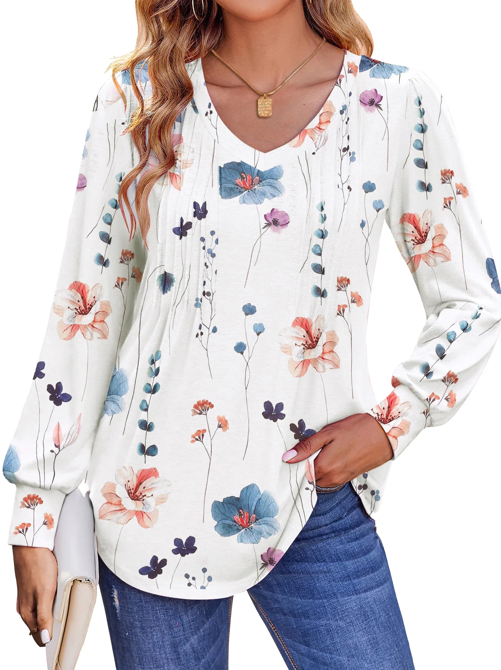 Fantaslook Long Sleeve Shirts for Women Fall Tops Dressy Casual Blouses Pleated V Neck Tunic Tops | Walmart (US)