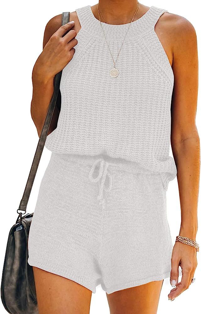 Ybenlow Womens Two Piece Outfits Summer High Neck Sleeveless Knit Tank Tops with Drawstring Beach Sh | Amazon (US)