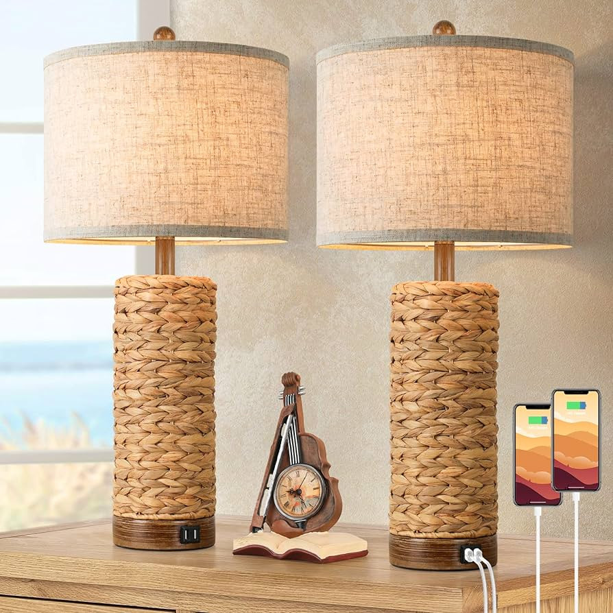 Set of 2 Rattan Table Lamps for Living Room with 2 USB Ports, 27In Tall Bedroom Lamp Costal Farmh... | Amazon (US)