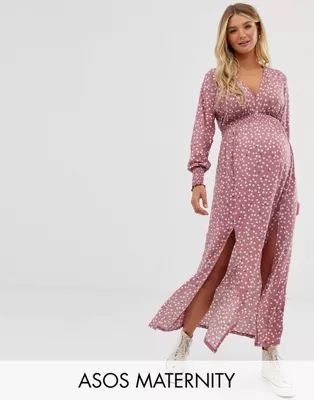 ASOS DESIGN Maternity ditsy print shirred waist maxi dress with splits | ASOS US