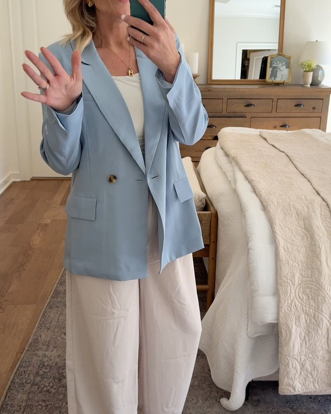 This blazer and wide leg pants combo is so good!! Wearing a medium in both! Pants are the cream color and blazer is light blue. VICI clothing 

#LTKOver40 #LTKWatchNow #LTKWorkwear