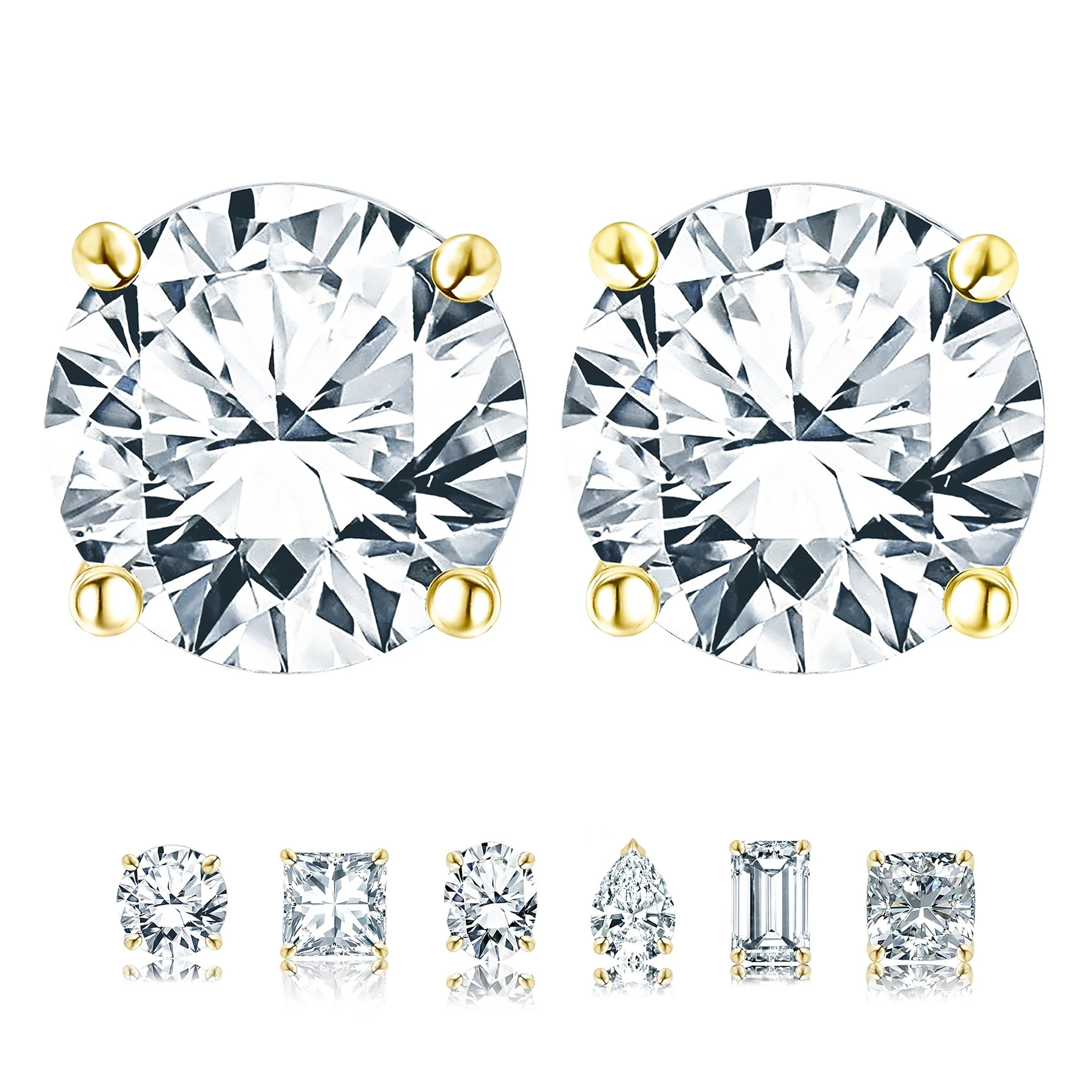 JeenMata 4 Prong 2 Carat Round Shaped Moissanite Solitaire Stud Earrings in 18k Yellow Gold Plati... | Walmart (US)