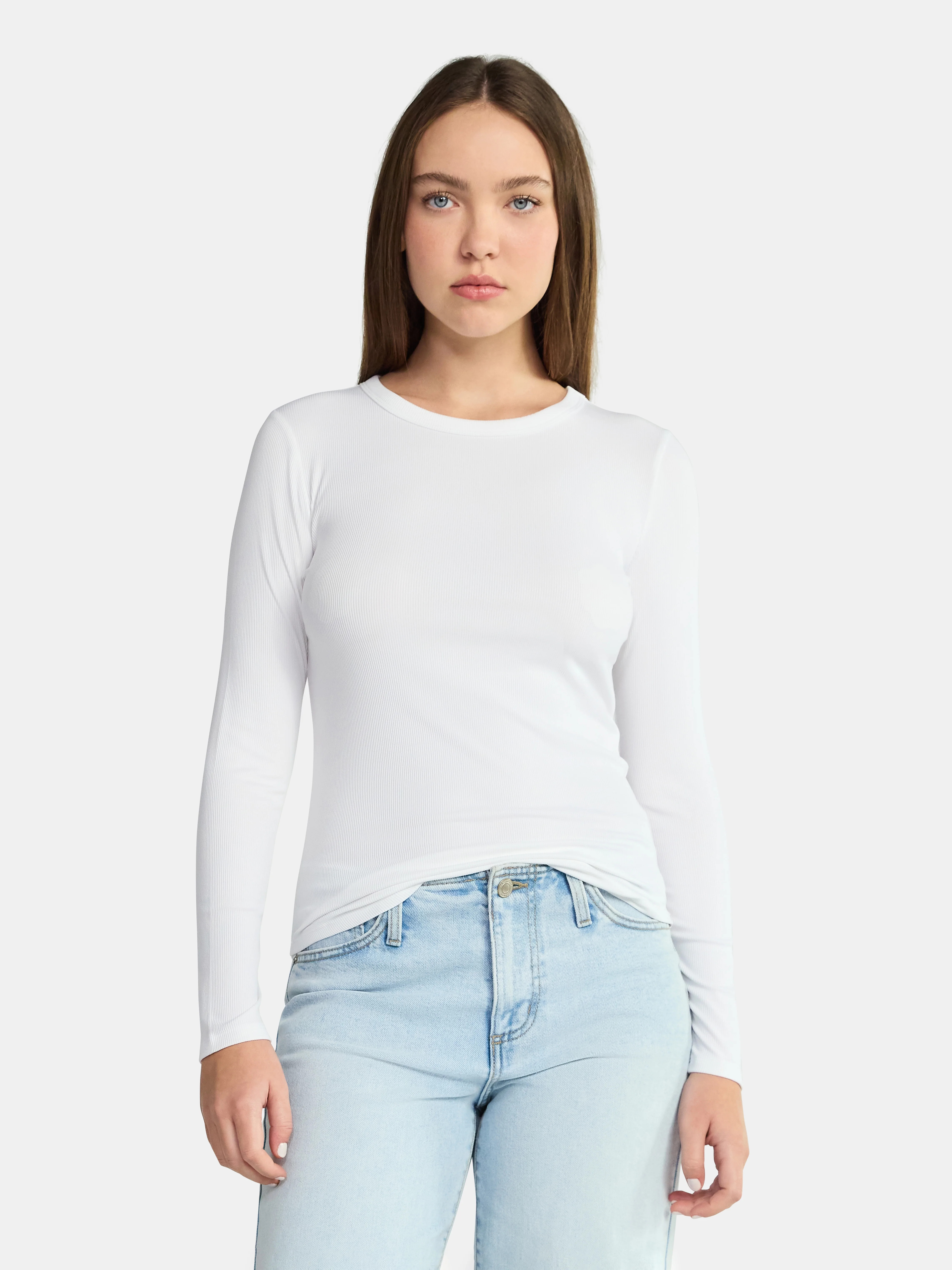 No Boundaries Ribbed Crewneck Tee with Long Sleeves, 1 or 2-Pack, Women's & Women's Plus XXS-XXL | Walmart (US)