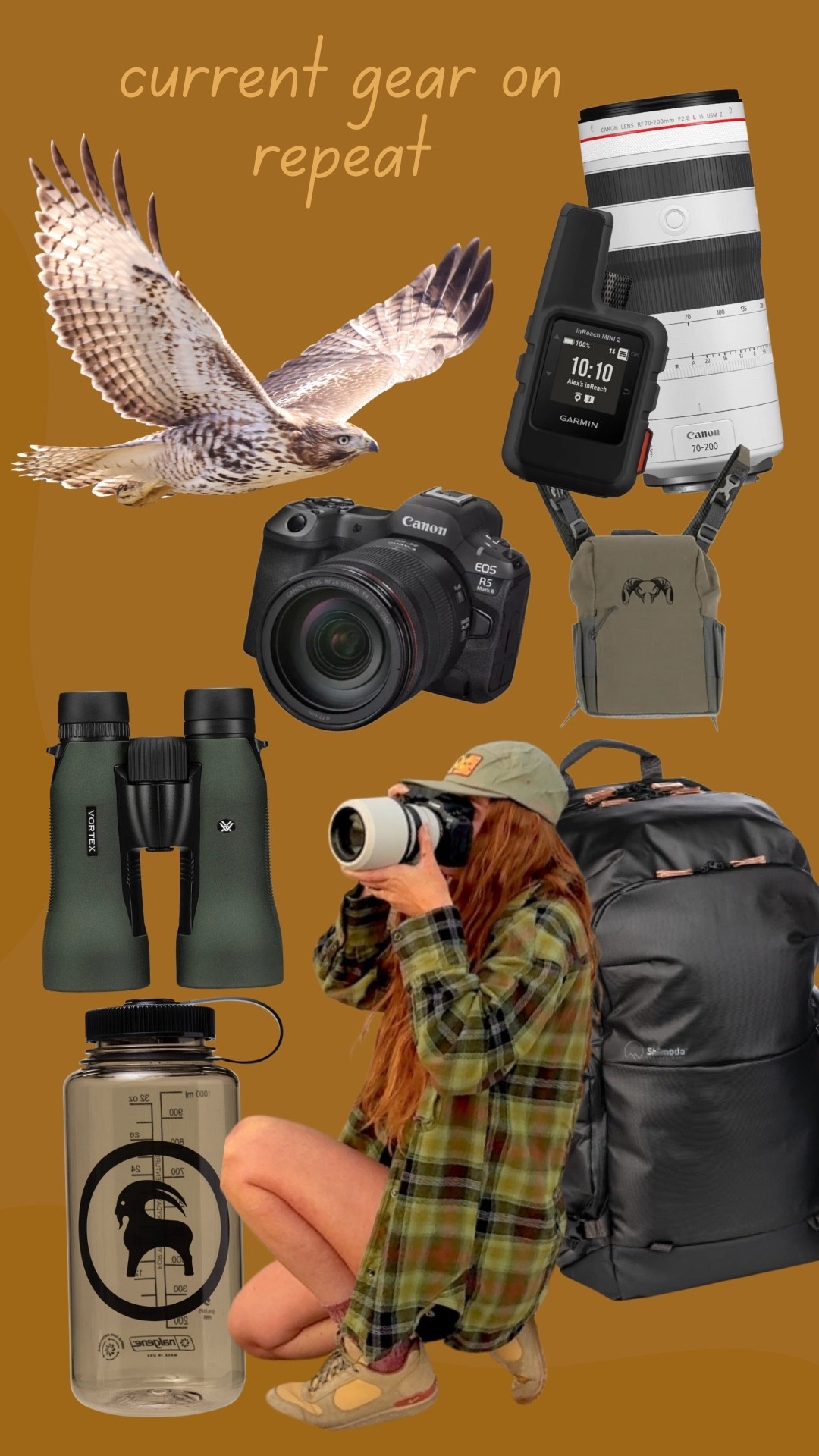 My current favorite gear for photo adventure days. The canon r5 Mark ii with the rf 70-200 lens is what I have been using 80% of the time lately. Bring the in reach whenever I hike alone. 

#LTKTravel