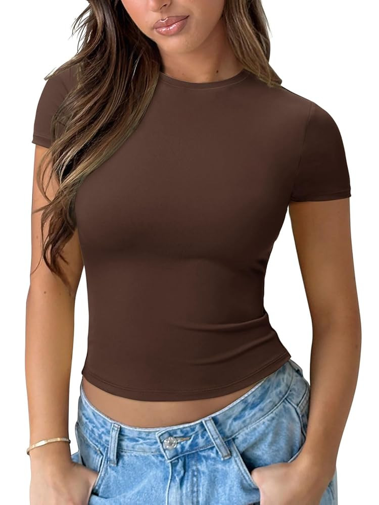 REORIA Women's Crew Neck Short Sleeve Tops Double Lined Slim Fit T Shirts Basic Tee | Amazon (US)