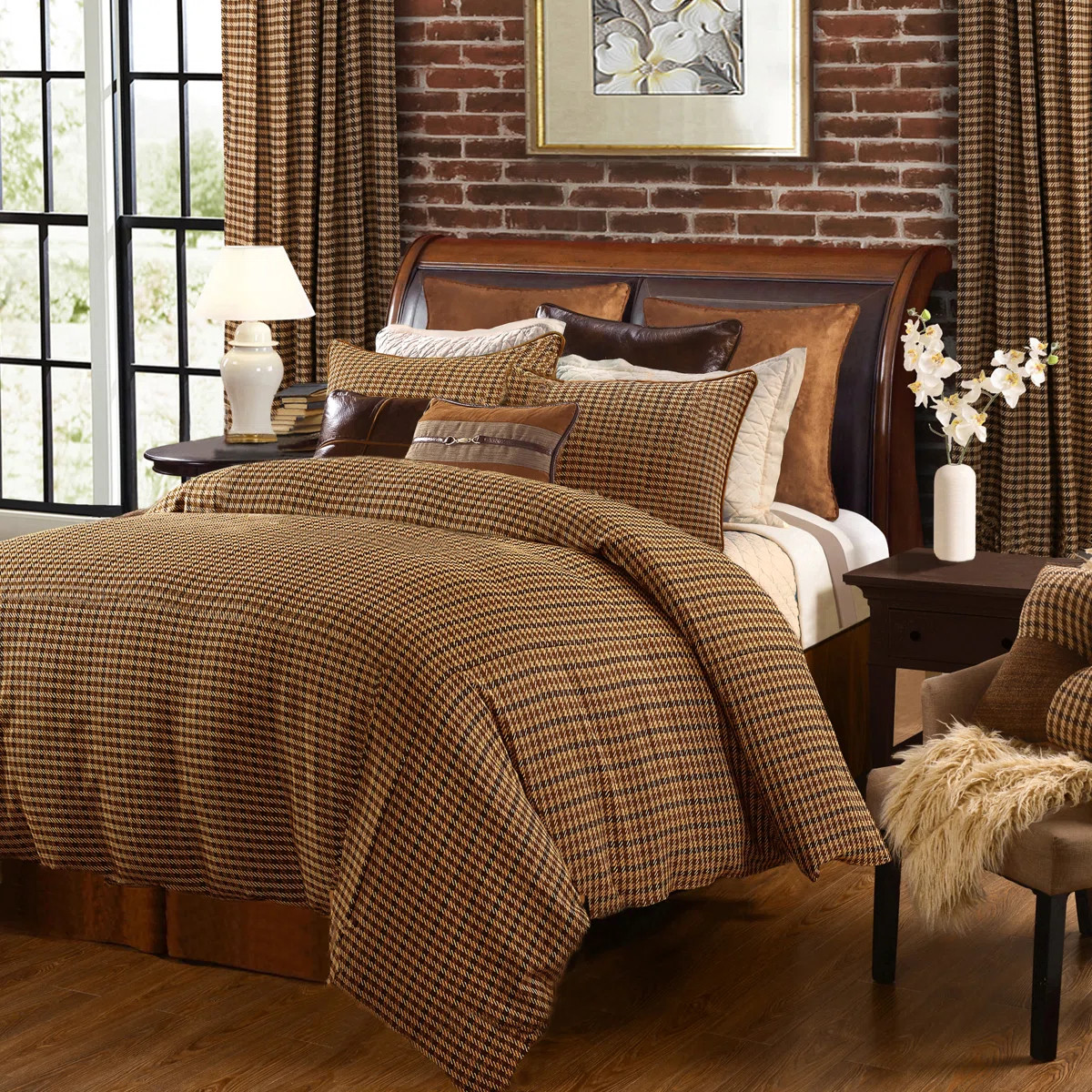 Clifton Brown/Green/Cream 100% Cotton Houndstooth Western Comforter Set | Wayfair North America