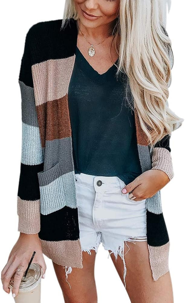 JUNBOON Women's Striped Long Sleeve Open Front Knit Cardigan Casual Pullover Sweater | Amazon (US)