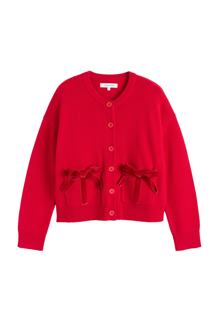 Velvet-Red Wool-Cashmere Velvet Bow Cardigan | Chinti & Parker