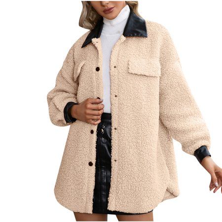 Beige Shacket Jacket Women Fashion Winter Collar Warm Long Sleeve Zipper Coat outerwear Lapel Cardig | Walmart (US)