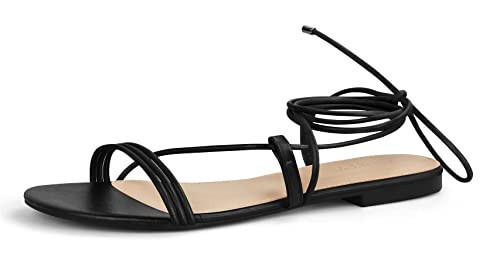 PARTY Women's Strappy Sandals Lace Up Flats Tie Up Open Toe Ankle Strap Shoes, Black, 9 | Amazon (US)