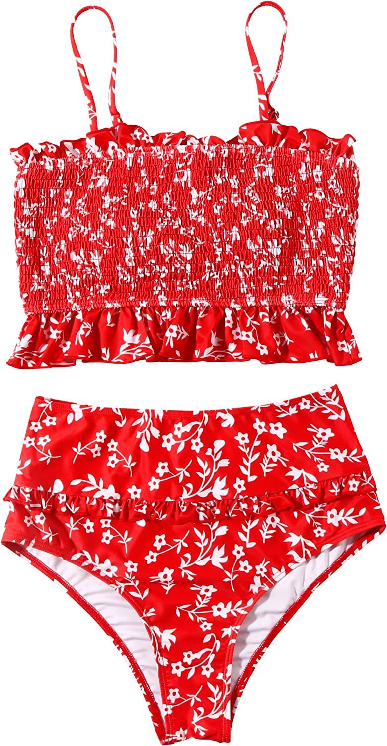 MOSHENGQI Women's Bandeau Ruffled Bikini Set Off Shoulder Smocked Swimsuit Bathing Suit | Amazon (US)