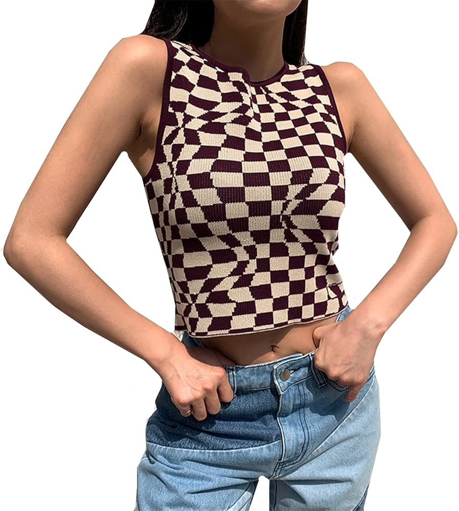Women's Plaid Printed Sleeveless O Neck Camisole Harajuku Vintage Knitted Cropped Tank Top | Amazon (US)
