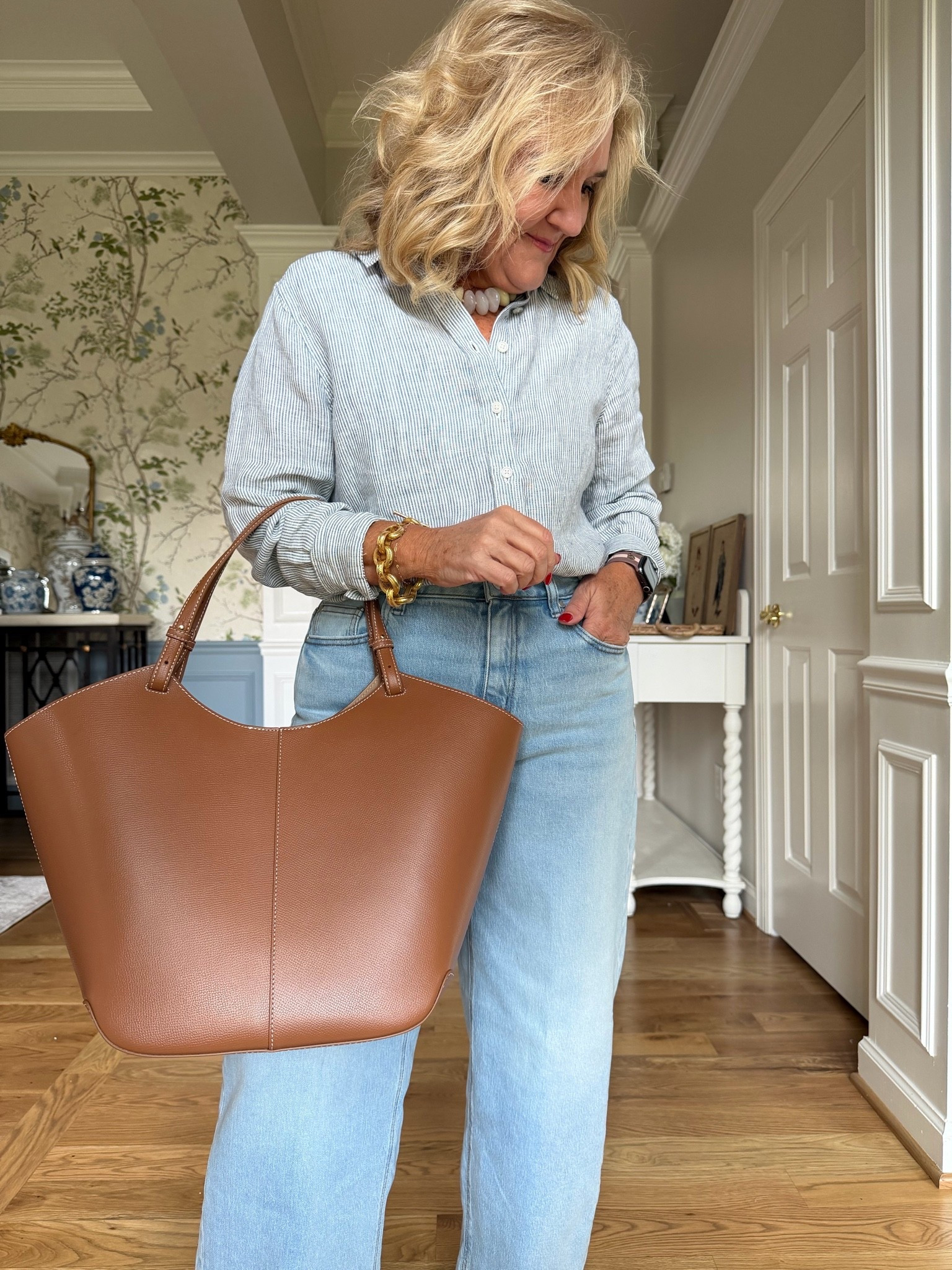 This tote is a winner! 
Blouse size
Jeans size 29 they’re a very subtle barrel, gene soft and has stretched

#LTKOver40 #LTKPetite #LTKootd