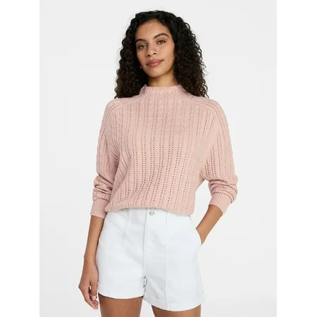 Time and Tru Women's Pointelle Mock Neck Sweater with Long Sleeves, Lightweight, Sizes, XS-XXXL | Walmart (US)