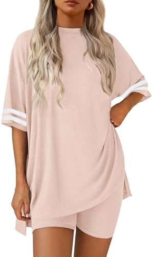 Ekouaer Womens Pajamas 2 Piece Lounge Set Casual Oversized Short Sleeve Tops Biker Shorts Set Com... | Amazon (US)