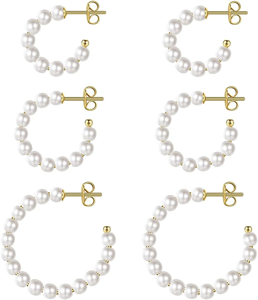 MUYAN Pearl Hoop Earrings for Women, Gold Plated Beaded Pearl Earrings Lightweight White Pearl Hoops | Amazon (US)