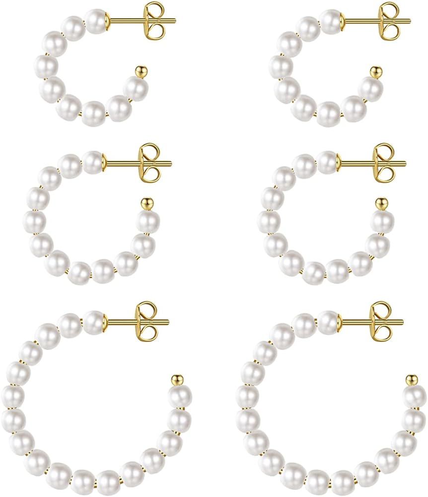 Pearl Hoop Earrings for Women,14K Gold Plated Beaded Pearl Earrings Lightweight White Pearl Hoop ... | Amazon (US)